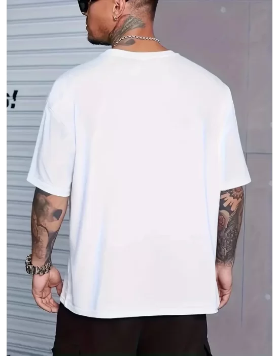 Baskılı Oversize Bisiklet Yaka T-shirt - Beyaz