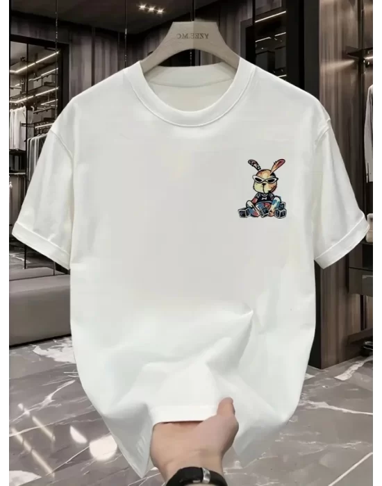Baskılı Oversize Bisiklet Yaka T-shirt - Beyaz