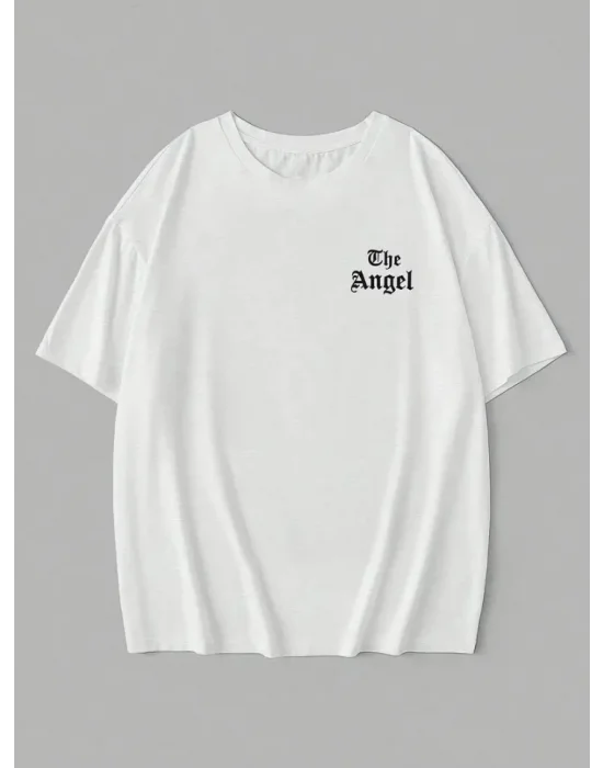 Baskılı Oversize Bisiklet Yaka T-shirt - Beyaz