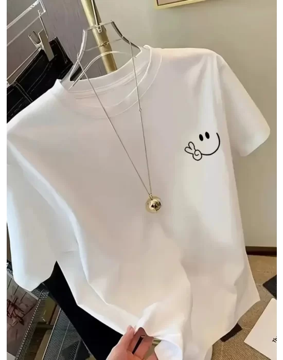 Baskılı Oversize Bisiklet Yaka T-shirt - Beyaz