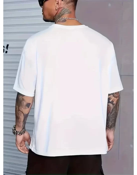 Baskılı Oversize Bisiklet Yaka T-shirt - Beyaz
