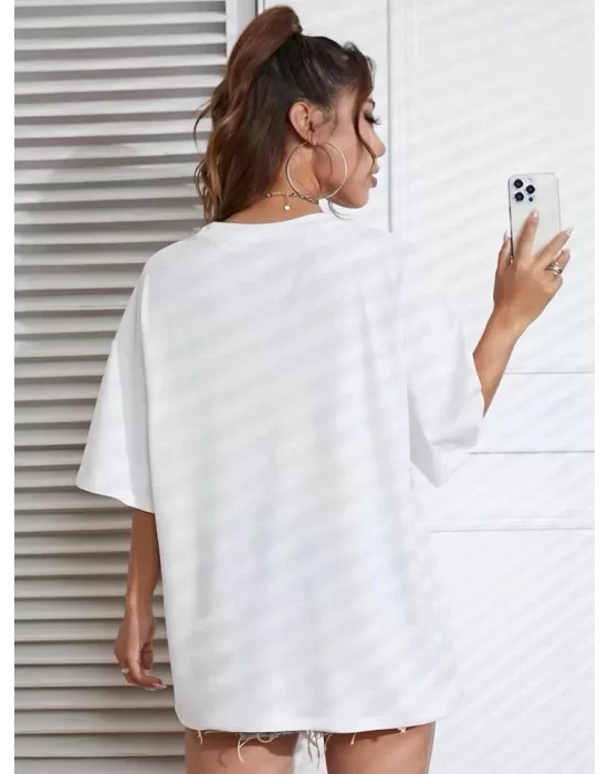 Baskılı Oversize Bisiklet Yaka T-shirt - Beyaz