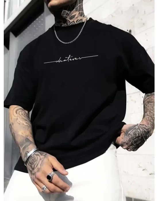 Baskılı Oversize Bisiklet Yaka T-shirt - Siyah