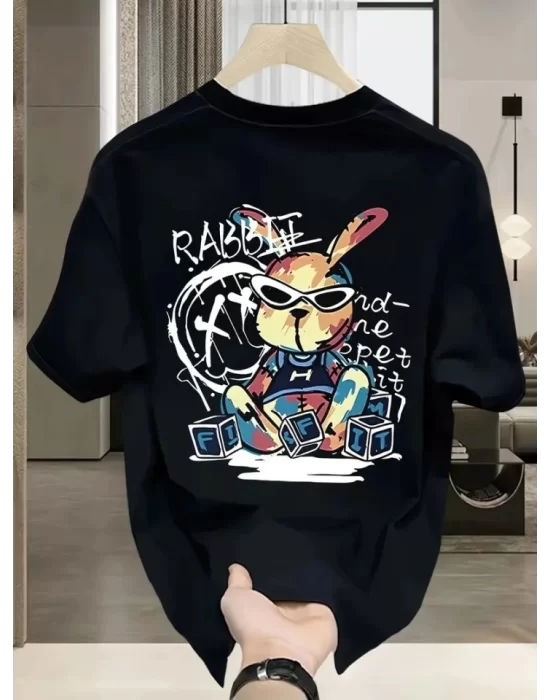 Baskılı Oversize Bisiklet Yaka T-shirt - Siyah