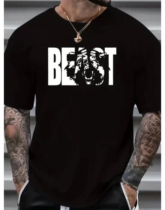 Baskılı Oversize Bisiklet Yaka T-shirt - Siyah