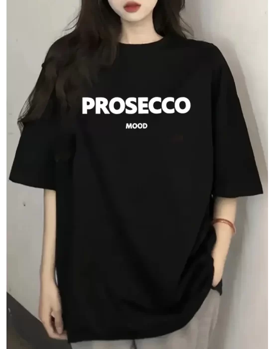 Baskılı Oversize Bisiklet Yaka T-shirt - Siyah