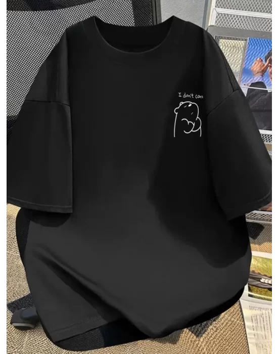 Baskılı Oversize Bisiklet Yaka T-shirt - Siyah