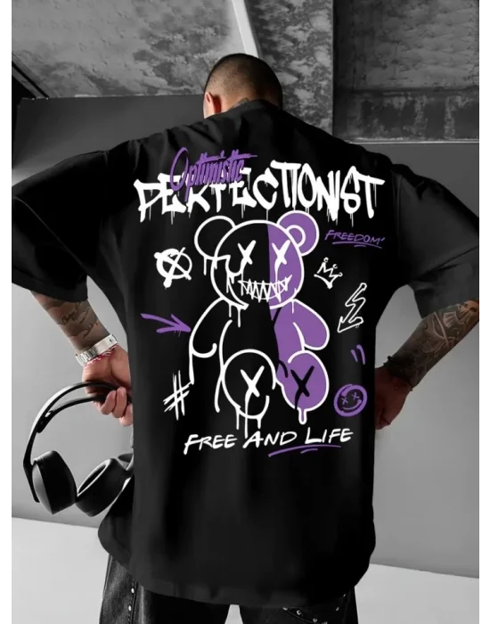 Baskılı Oversize Bisiklet Yaka T-shirt - Siyah