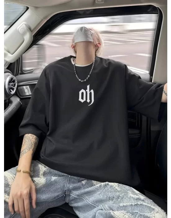 Baskılı Oversize Bisiklet Yaka T-shirt - Siyah
