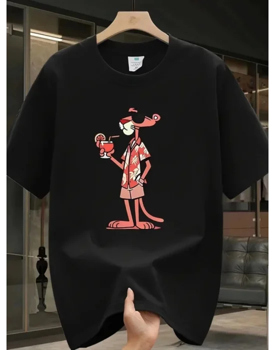 Baskılı Oversize Bisiklet Yaka T-shirt - Siyah