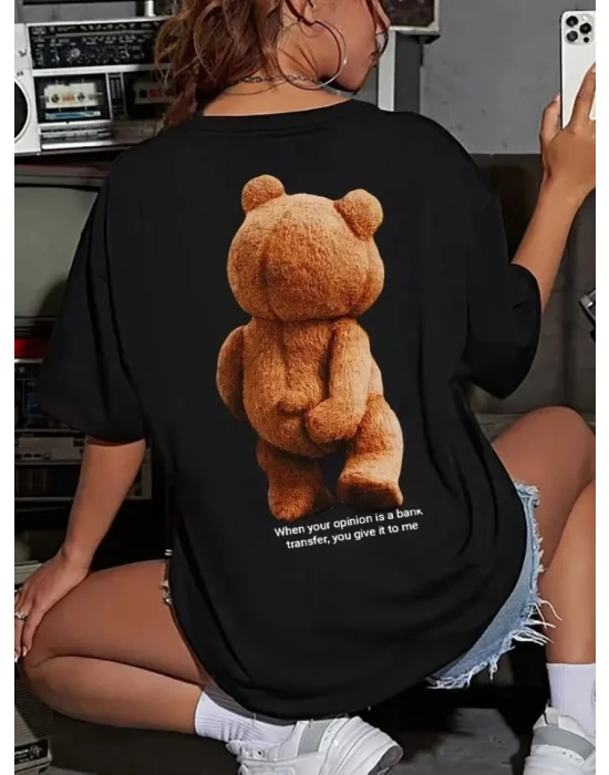Baskılı Oversize Bisiklet Yaka T-shirt - Siyah