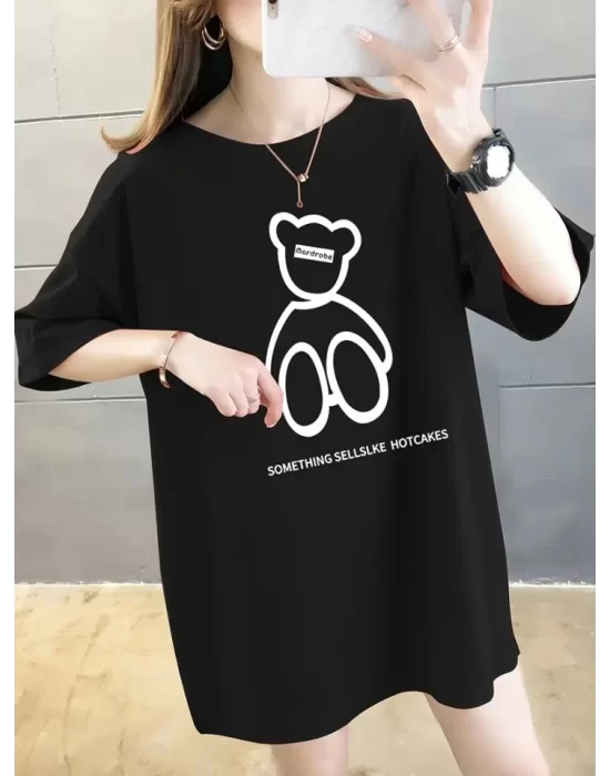 Baskılı Oversize Bisiklet Yaka T-shirt - Siyah