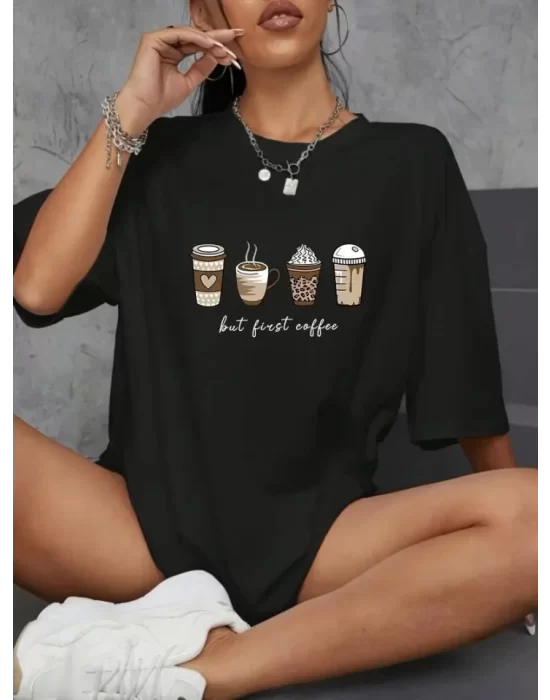 Baskılı Oversize Bisiklet Yaka T-shirt - Siyah
