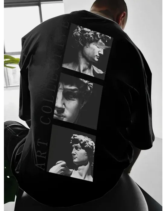 Baskılı Oversize Bisiklet Yaka T-shirt - Siyah