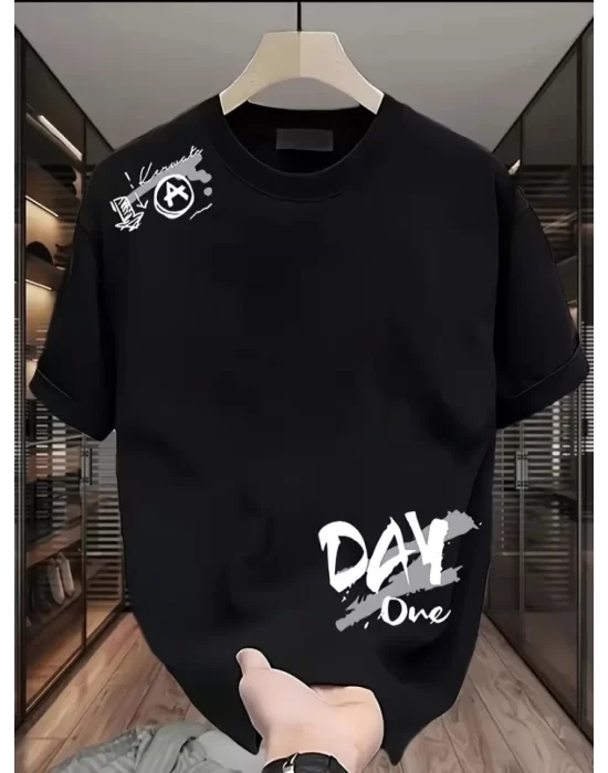 Baskılı Oversize Bisiklet Yaka T-shirt - Siyah