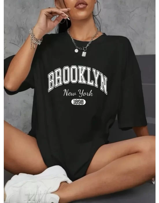 Baskılı Oversize Bisiklet Yaka T-shirt - Siyah