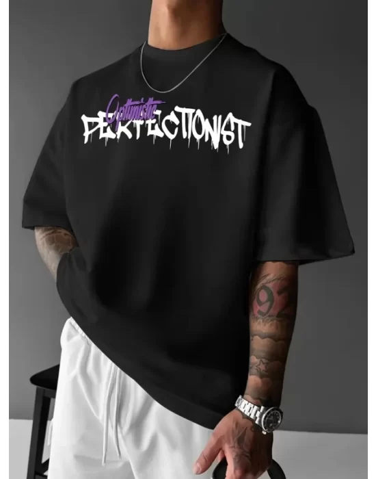 Baskılı Oversize Bisiklet Yaka T-shirt - Siyah