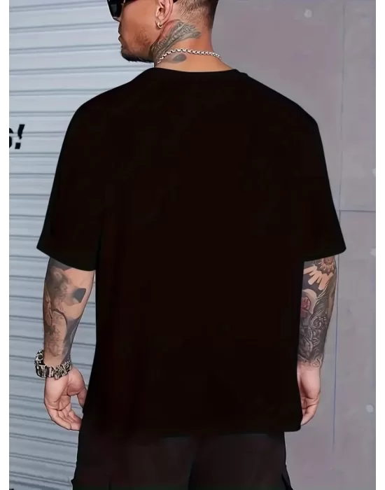 Baskılı Oversize Bisiklet Yaka T-shirt - Siyah