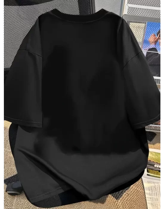 Baskılı Oversize Bisiklet Yaka T-shirt - Siyah