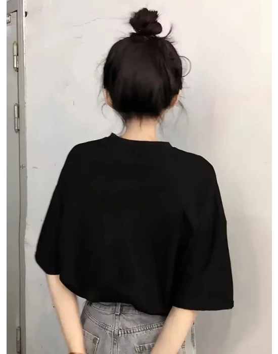 Baskılı Oversize Bisiklet Yaka T-shirt - Siyah