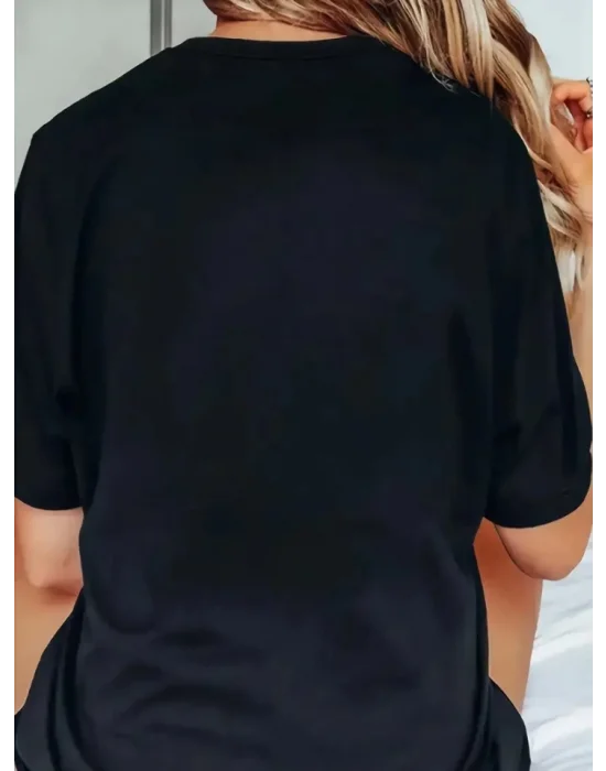 Baskılı Oversize Bisiklet Yaka T-shirt - Siyah