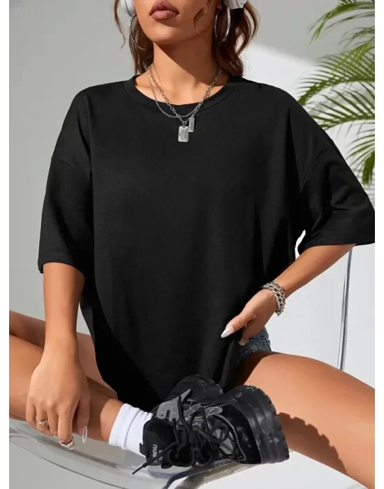 Baskılı Oversize Bisiklet Yaka T-shirt - Siyah