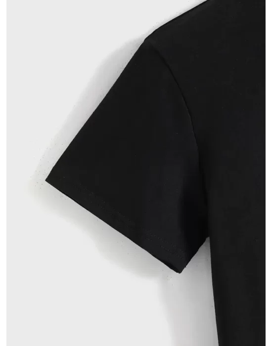 Baskılı Oversize Bisiklet Yaka T-shirt - Siyah
