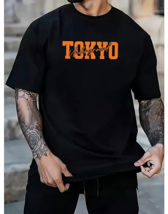 Baskılı Oversize Bisiklet Yaka T-shirt - Siyah