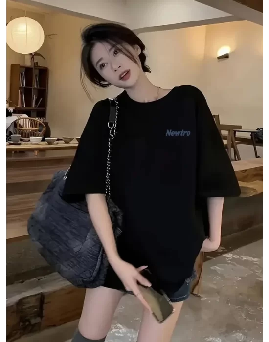 Baskılı Oversize Bisiklet Yaka T-shirt - Siyah