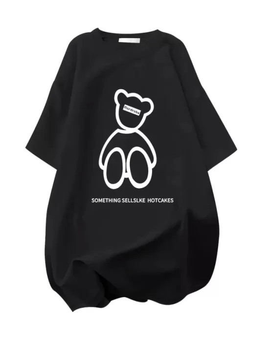 Baskılı Oversize Bisiklet Yaka T-shirt - Siyah