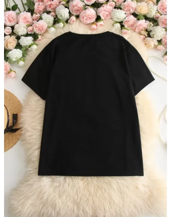 Baskılı Oversize Bisiklet Yaka T-shirt - Siyah