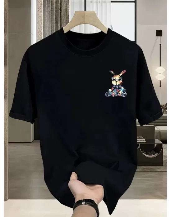 Baskılı Oversize Bisiklet Yaka T-shirt - Siyah