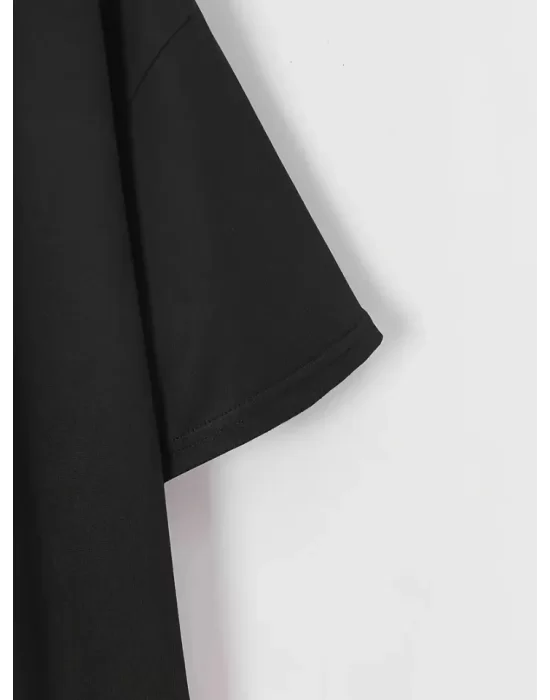 Baskılı Oversize Bisiklet Yaka T-shirt - Siyah