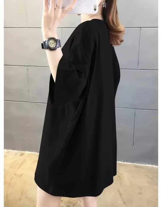 Baskılı Oversize Bisiklet Yaka T-shirt - Siyah
