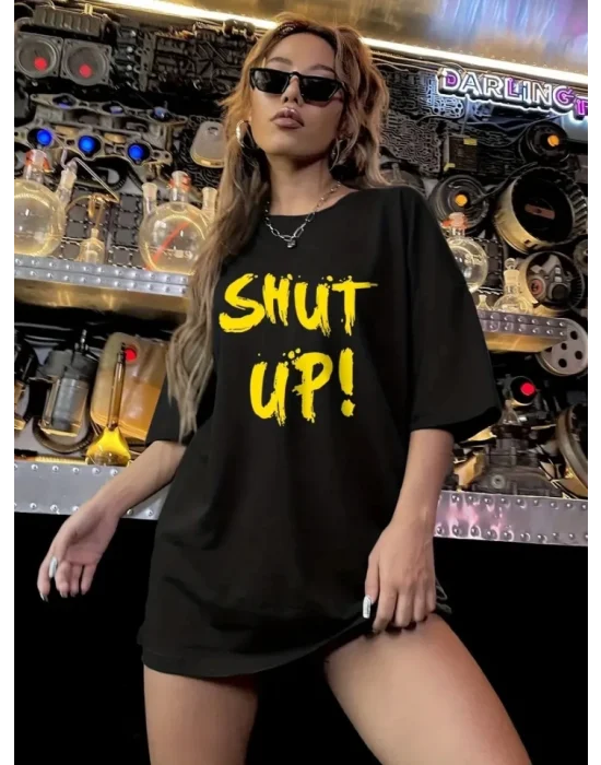 Baskılı Oversize Bisiklet Yaka T-shirt - Siyah