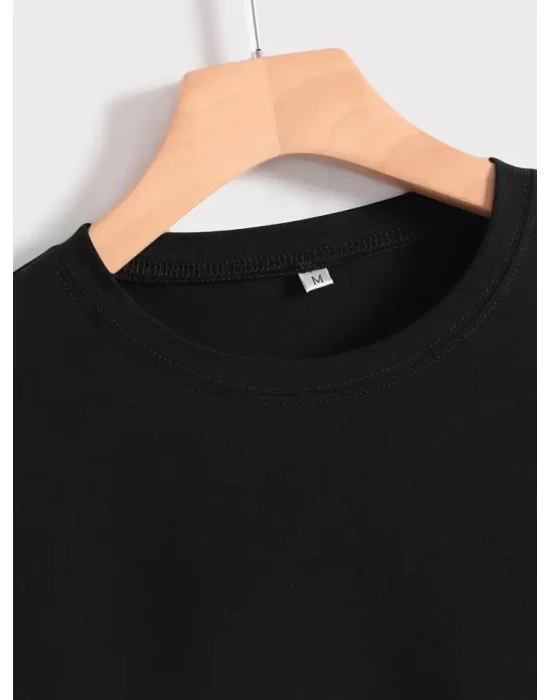 Baskılı Oversize Bisiklet Yaka T-shirt - Siyah