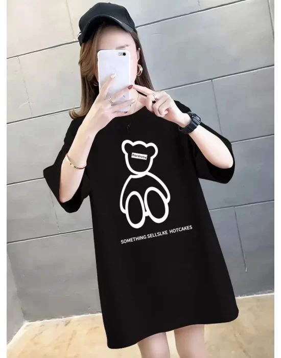 Baskılı Oversize Bisiklet Yaka T-shirt - Siyah