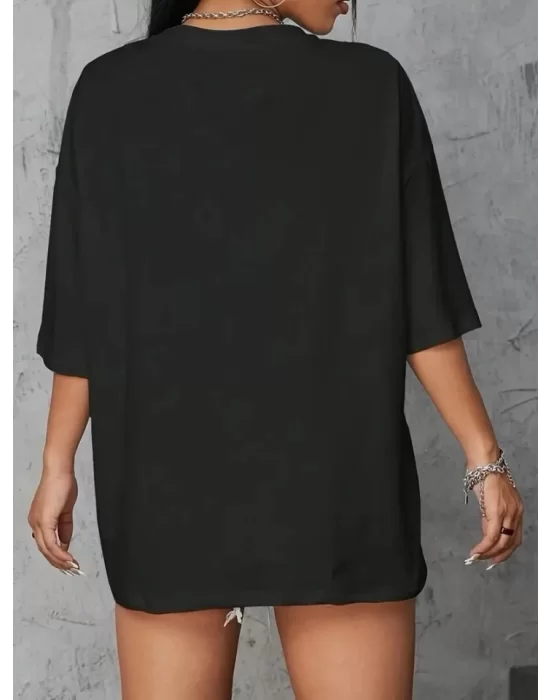 Baskılı Oversize Bisiklet Yaka T-shirt - Siyah