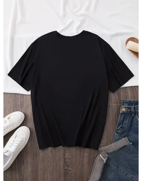 Baskılı Oversize Bisiklet Yaka T-shirt - Siyah