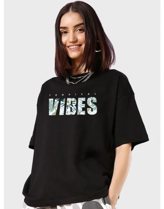 Baskılı Oversize T-shirt - Siyah