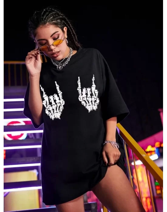 Baskılı Oversize T-shirt - Siyah