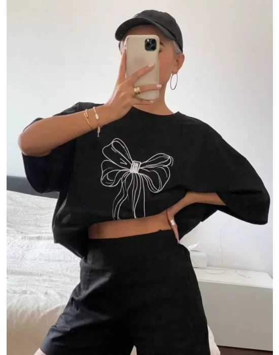 Baskılı Oversize T-shirt - Siyah