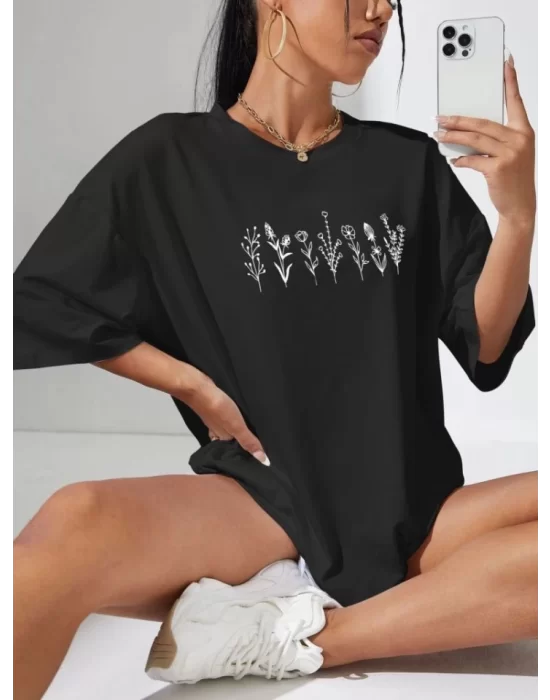 Baskılı Oversize T-shirt - Siyah