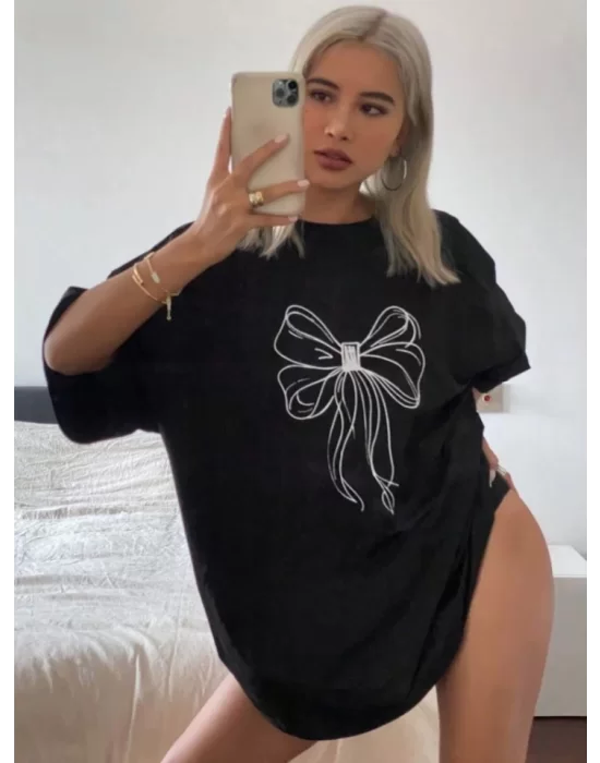 Baskılı Oversize T-shirt - Siyah