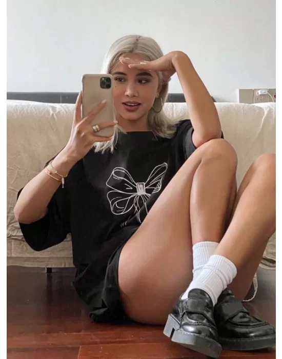 Baskılı Oversize T-shirt - Siyah