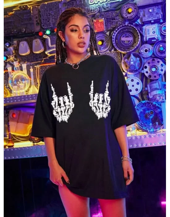 Baskılı Oversize T-shirt - Siyah