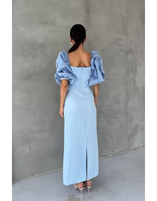 Bebe Mavi İşlemeli Kolu Garnili Elbise