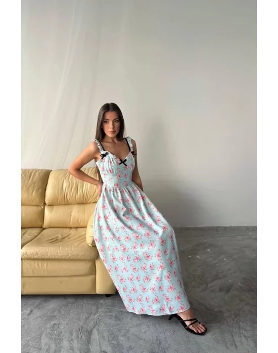 Bebe Mavi Önü Fiyonklu Çiçekli Elbise