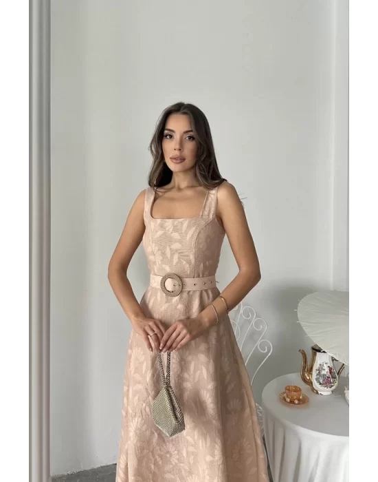 Ekru Kuplu Uzun Elbise