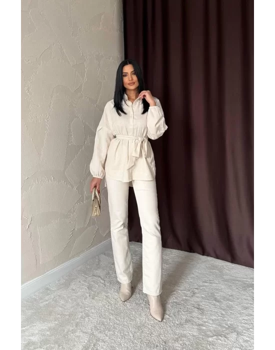 Bej Petek Jakar Kumaşlı Gömlek